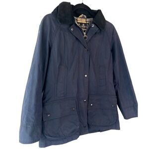 Barbour Womens Waxed Cotton Jacket 4 Navy Blue‎ Hooded Tartan Beadnell Heritage